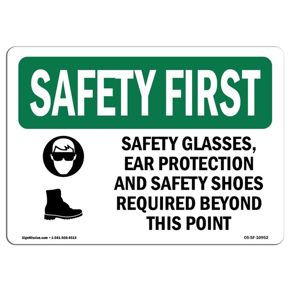 OSHA Sign, Glasses Ear Protection W/ Symbol, 18in X 12in Aluminum, 18" W, 12" H, Landscape